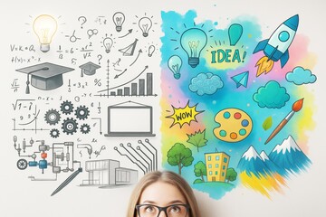 Split view of science and creativity concepts with colorful background and light bulb illustrations highlighting imagination and innovation balance.