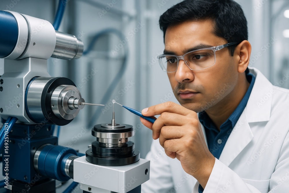 Poster scientist adjusting precision equipment in laboratory setting with advanced technology under bright 