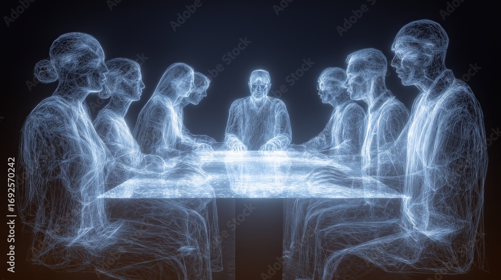 Poster a digital representation of a meeting, featuring glowing wireframe figures around a table, illustrat