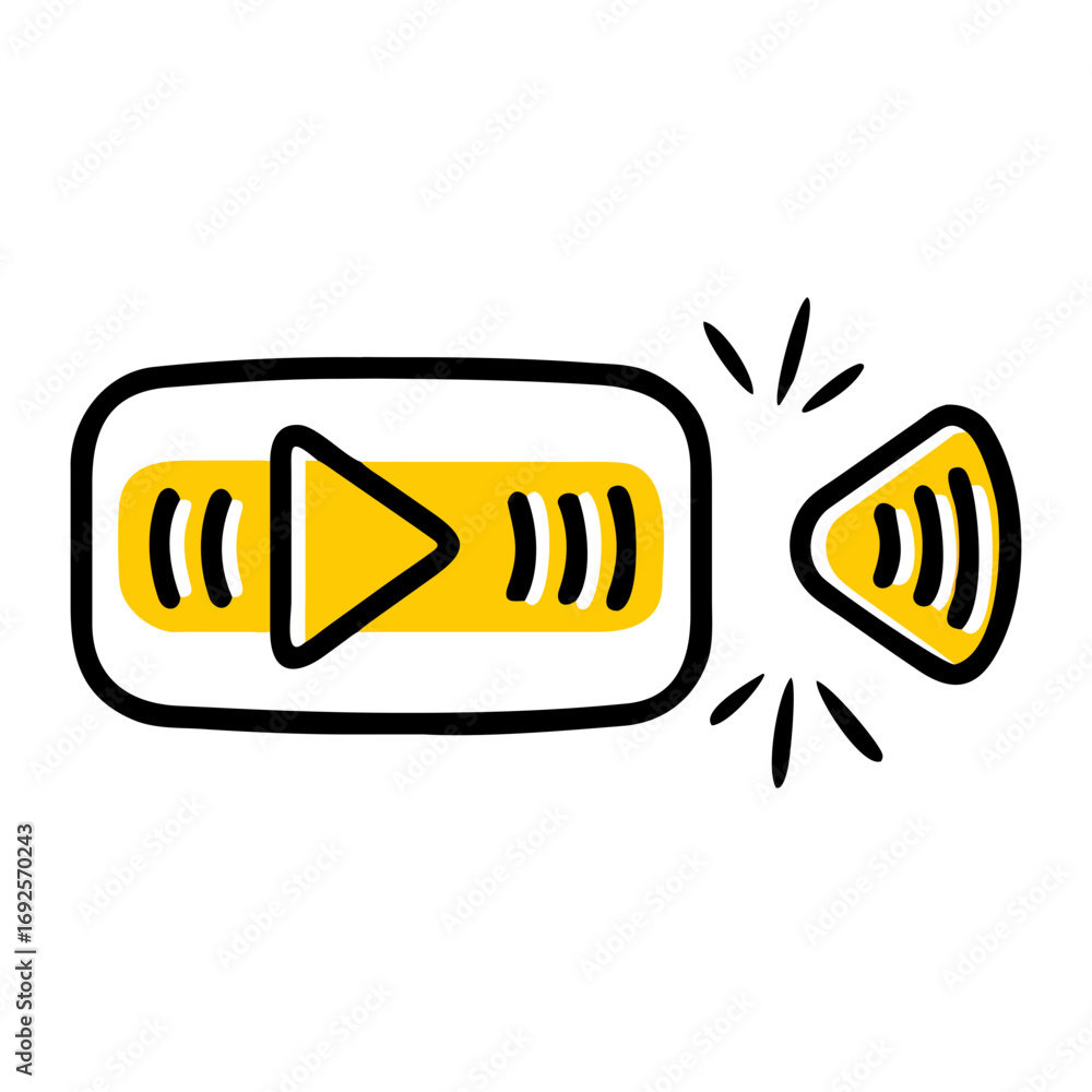 Poster podcast app with play and pause button hand drawing icon for web and graphic design