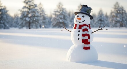 Fototapeta premium Happy Snowman in Snowy Forest.