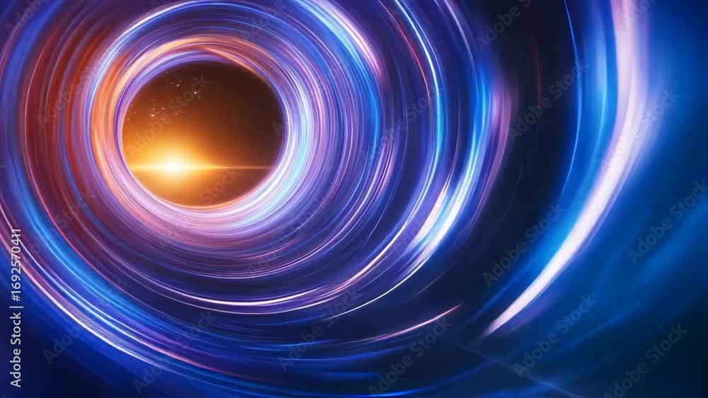 Poster abstract digital tunnel with luminous circular motion, dynamic blue and purple light streams converg
