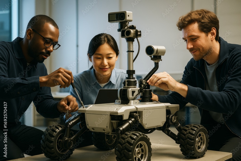 Poster engineers collaborating on robotic vehicle assembly in a laboratory with soft light and modern backg