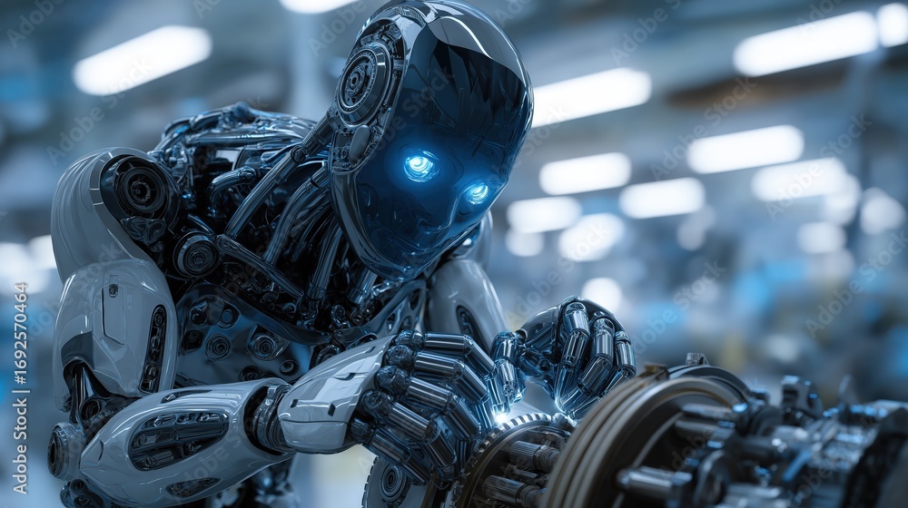 Aufkleber a futuristic robot with glowing blue eyes is meticulously working on a mechanical component in a hig