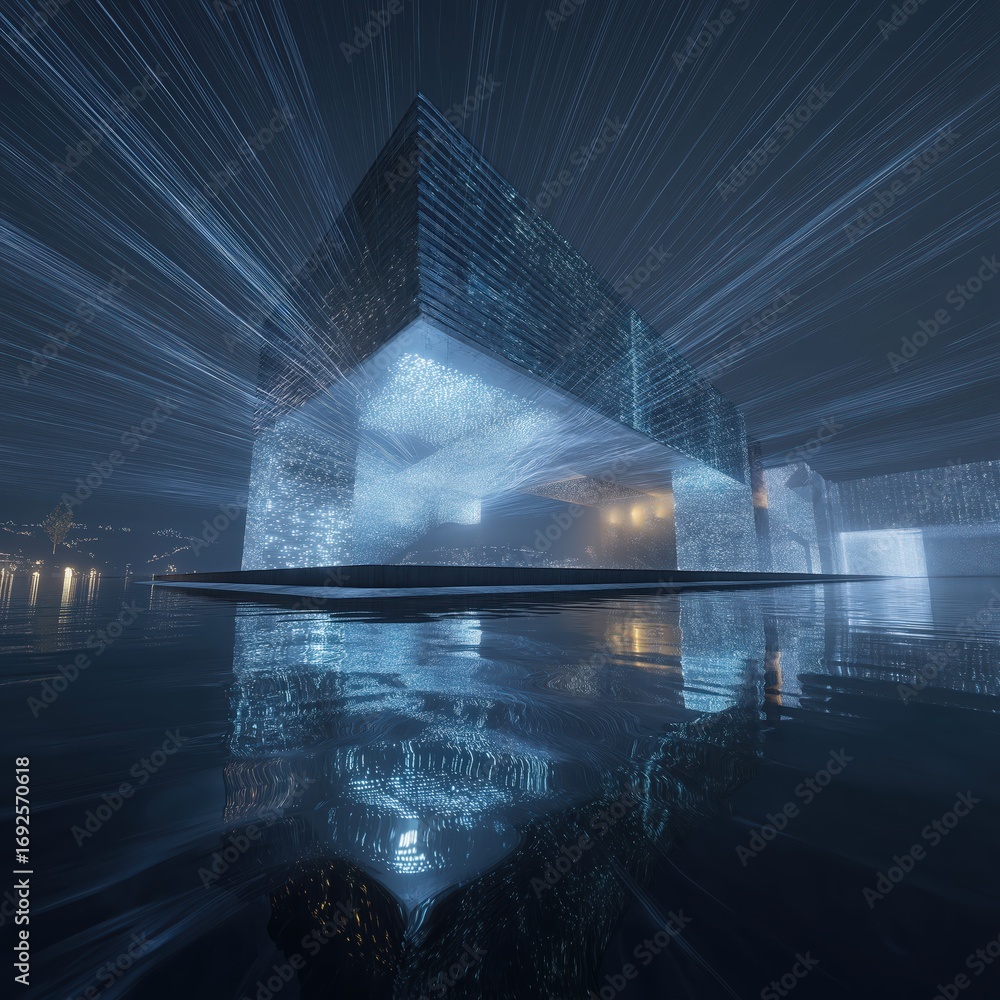 Poster a futuristic structure with shimmering lights reflecting on water, creating an ethereal scene at nig