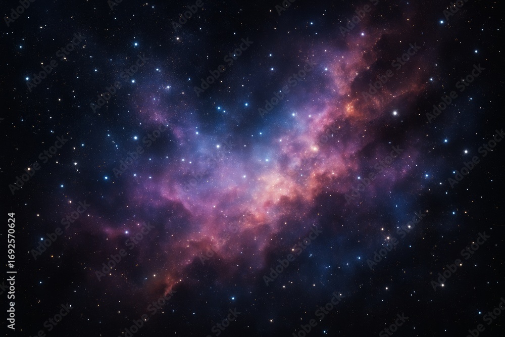 Wall mural abstract colorful nebula with glowing stars in deep outer space on dark background, cosmic light clo