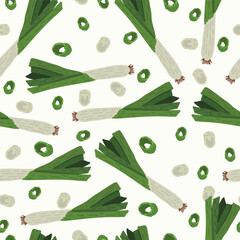 Seamless pattern of doodles of spring onions for backgrounds, fabrics, covers, wrapping, etc.