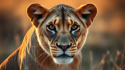 Fototapeta premium A lioness stares intently with golden savanna light highlighting her powerful and majestic presence.