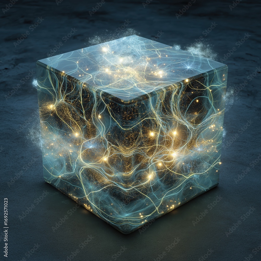 Poster a glowing cube emanating vibrant energy and light, showcasing intricate patterns and a mystical aura
