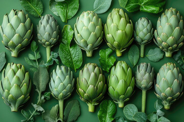 Fototapeta premium Stunning Flatlay Featuring French Artichokes on Pastel Green Background