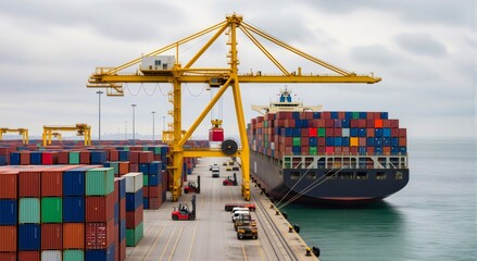 Fototapeta premium Large cargo ship loaded with containers docking at a commercial port during the day. Global logistics and maritime transportation concept.