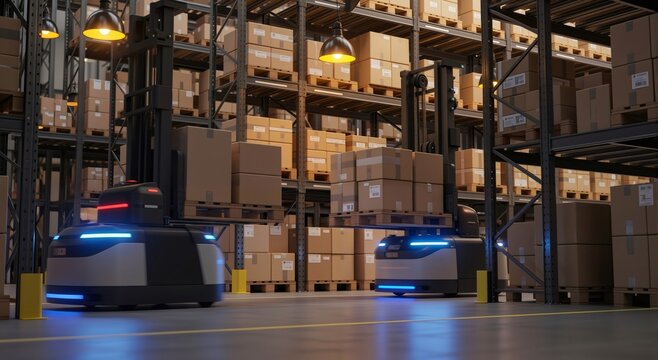 Robotic warehouse with smart logistics system and automated forklift moving cardboard boxes. Efficiency and technology concept.