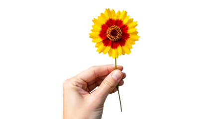 a hand offering a gaillardia flower a symbol of courage, joy, and summers warm embrace, isolated on transparent background