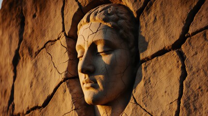 profile face emerging from textured stone wall in warm sunlight | art, interior, sculpture, abstract, architecture theme
