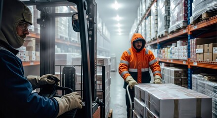 Two male warehouse workers transport goods in a cold storage facility. Supply chain and logistics industry operation.