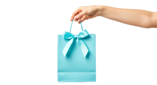 a hand offering a gift pastel blue shopping bag with a delicate bow, isolated on transparent background