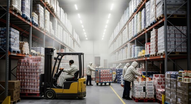 A man driving a forklift while other men organize boxes in a cold storage warehouse. Food logistics and supply chain management.