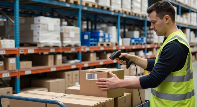Man scanning barcode on box with laser scanner in warehouse. Inventory management, distribution center logistics.