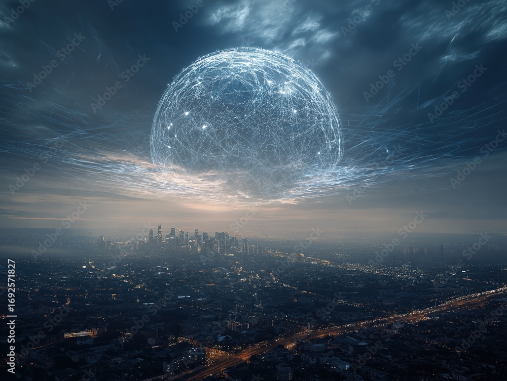 Poster a futuristic cityscape under a glowing orb, with intricate patterns in the sky, creating a surreal a