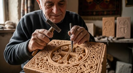 elderly armenian craftsman skillfully carving khachkar, cross-stone, into rock block focused on detailed craftsmanship. traditional woodcarving art. cultural heritage. artisan at work in workshop.