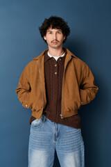 Fototapeta premium Stylish young man showcases contemporary fashion in urban setting, embodying modern trends and charm