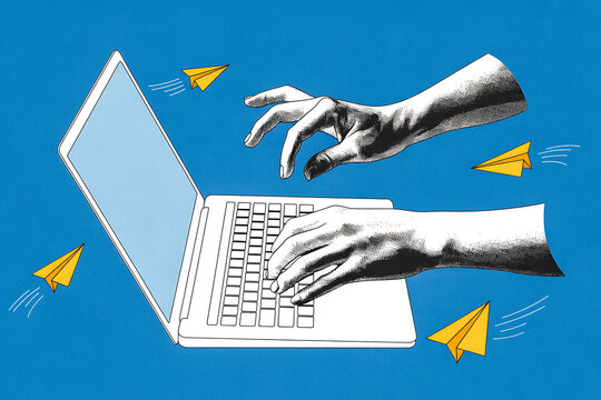 Digital Communication Illustration – Hands Typing on Laptop with Paper Airplanes and Blue Background