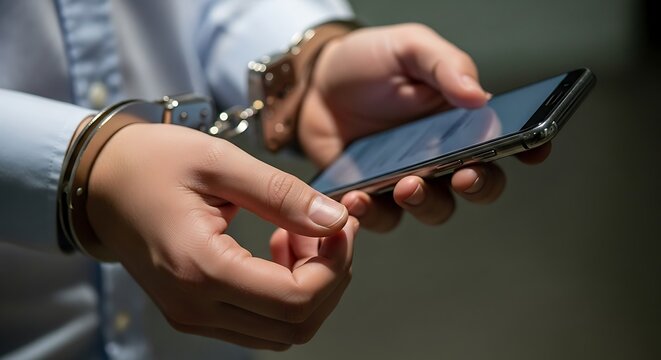 Handcuffed person operating a smartphone, symbolizing digital crime or arrest and legal consequences.