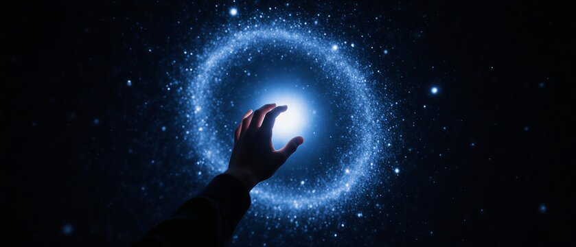 hand reaching out into swirling galaxy of blue light | abstract art, space exploration, science fiction, cosmic wonder, digital art theme