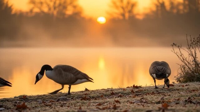 Canada goose at sunrise near lake waterfowl bird tranquil morning scene