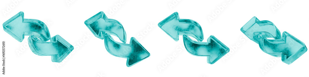 Poster set of four 3d convert arrows shapes in frosted blue ice glass style, isolated on a transparent back