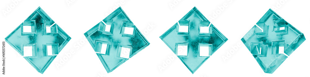 Poster set of four 3d cross arrows shapes in frosted blue ice glass style, isolated on a transparent backgr
