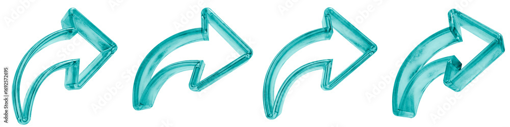 Poster set of four 3d curved arrow right outline shapes in frosted blue ice glass style, isolated on a tran