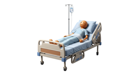 Medical training dummy patient in hospital bed with IV stand.