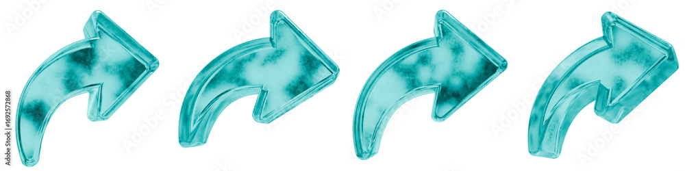 Poster set of four 3d curved arrow right shapes in frosted blue ice glass style, isolated on a transparent 