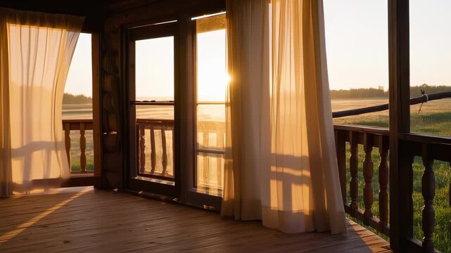 Serene Sunrise from Cozy Log Cabin Veranda with Gently Flowing Curtains and Countryside View