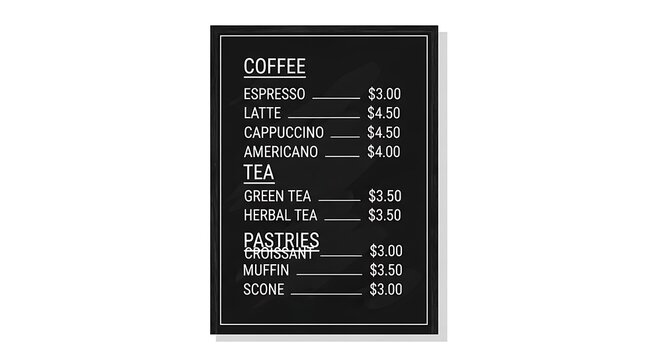 Modern ChalkboardStyle Cafe Menu with Clean Typography and Prices Isolated on White.
