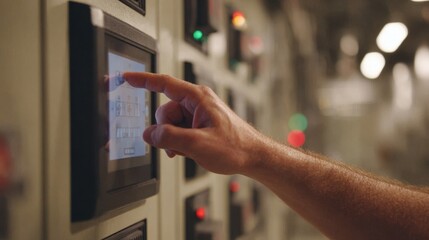 Medium shot capturing a closeup of HVAC system adjustments on a digital touchscreen while the control room environment remains softly blurred.