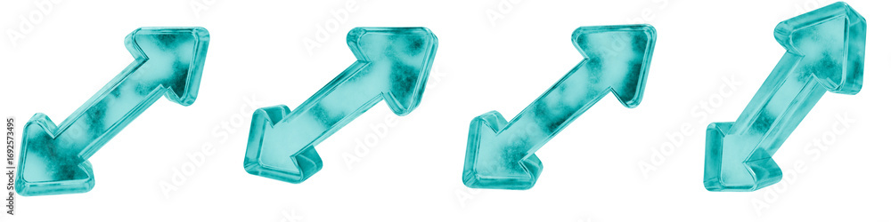 Poster set of four 3d expand scale arrow shapes in frosted blue ice glass style, isolated on a transparent 