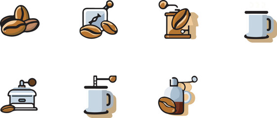 Pixel Art Collection of Coffee Grinders and Beans