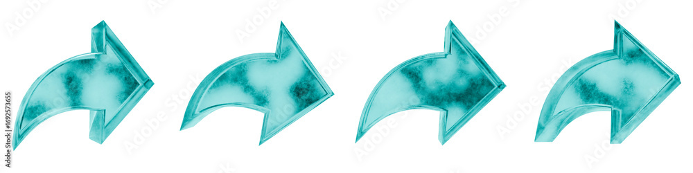 Poster set of four 3d forward arrow shapes in frosted blue ice glass style, isolated on a transparent backg