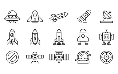 Fototapeta premium Space exploration and science fiction icons set with rockets and UF Os Keywords: space, rocket, UFO, satellite, spaceship