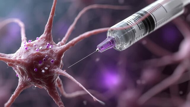 Hormonal injection concept ,Neural cell syringe injection macro purple glow medical research healthcare science sterile neuron