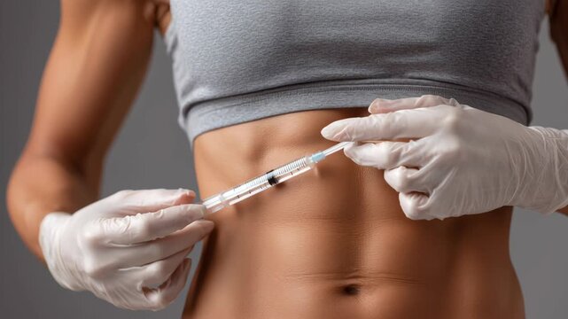 Hormonal injection concept ,Female torso fitness abdomen syringe injection gloves medical self injection health care close up