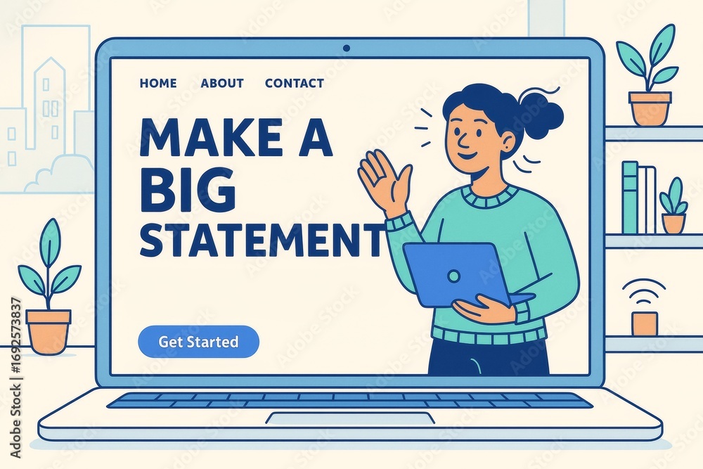 Aufkleber friendly cartoon woman with laptop waving from screen in minimalist workspace on light background wi