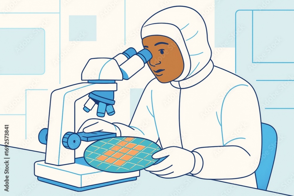 Poster scientist in cleanroom suit examining semiconductor wafer under microscope in lab environment on lig