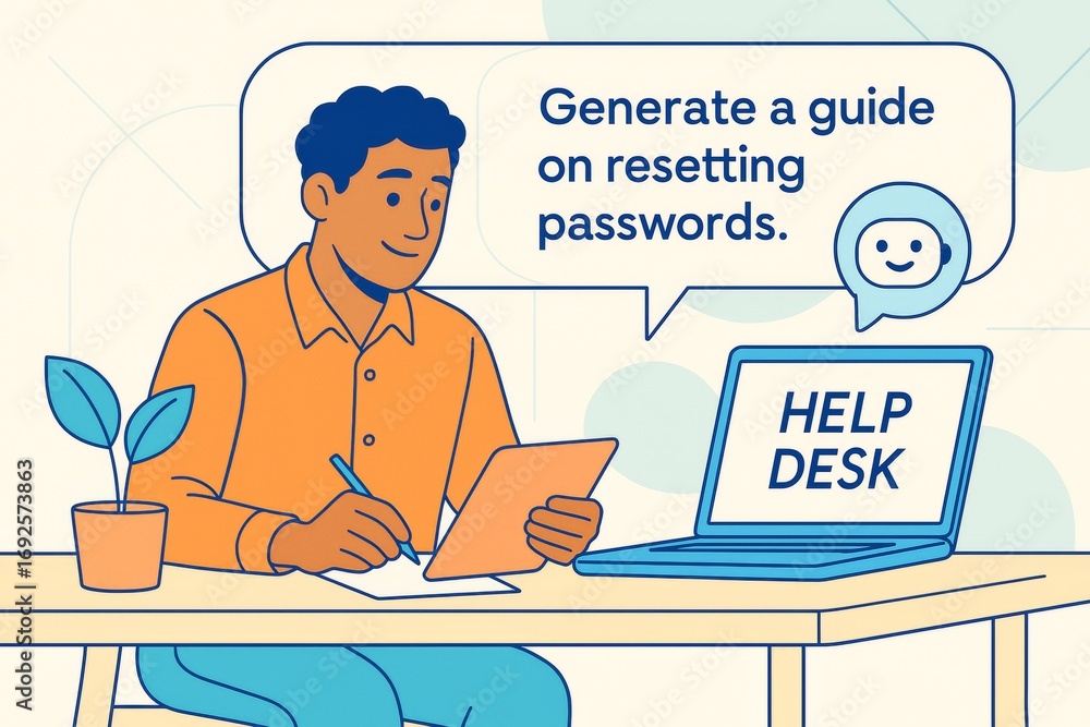 Aufkleber help desk support agent creating password reset guide using tablet and laptop with chatbot instructi
