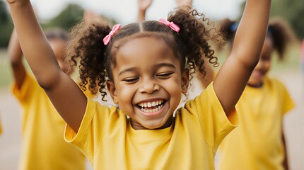 young girl celebrating joyfully at outdoor event | celebration, childhood, outdoor activity, happiness, community theme
