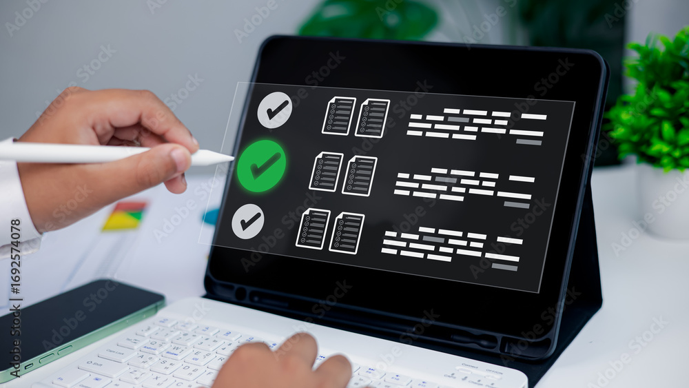 Poster hand using stylus on tablet digital checklist interface for productivity and workflow management