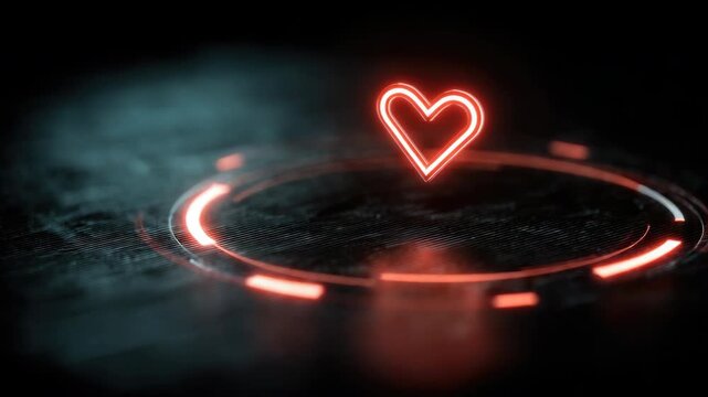 Abstract glowing heart shape on dark background with neon light effects, digital design, modern technology concept, love theme, vibrant colors and patterns
