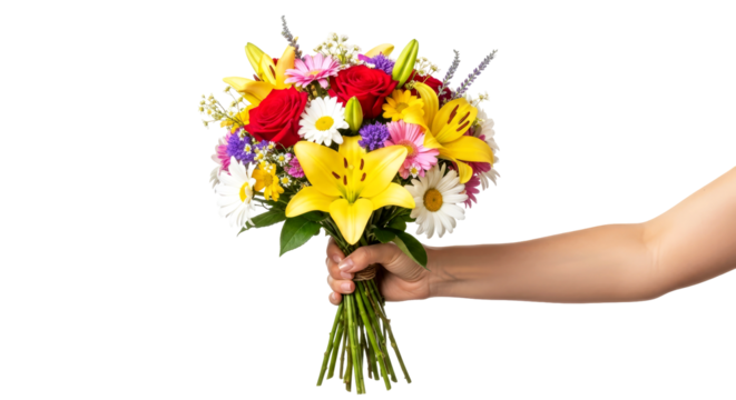 a hand offering a vibrant summer bouquet joyful flowers, a symbol of celebration and happiness, isolated on transparent background